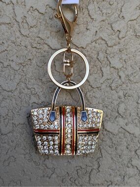 Sparkling Gold Crystal Tote Bag Keychain with Red & Black Stripes